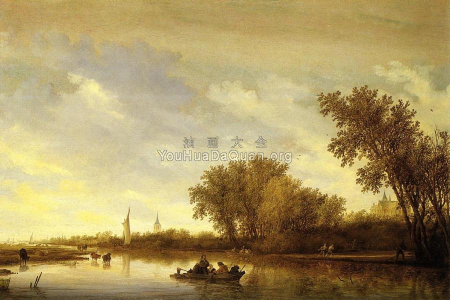 A River Landscape with Boats and Chateau - 萨洛蒙·凡·雷斯达尔